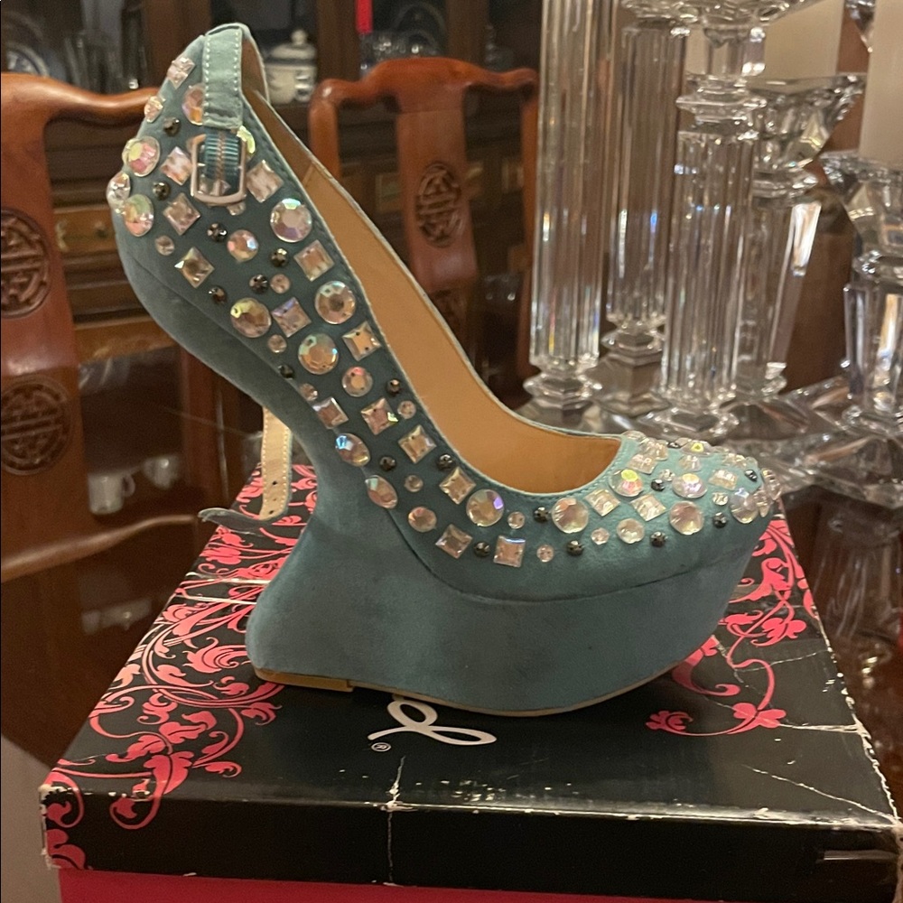 Qupid Teal Embellished Heels